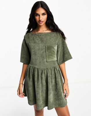 Asos Design Cord T-shirt Dress In Khaki-green