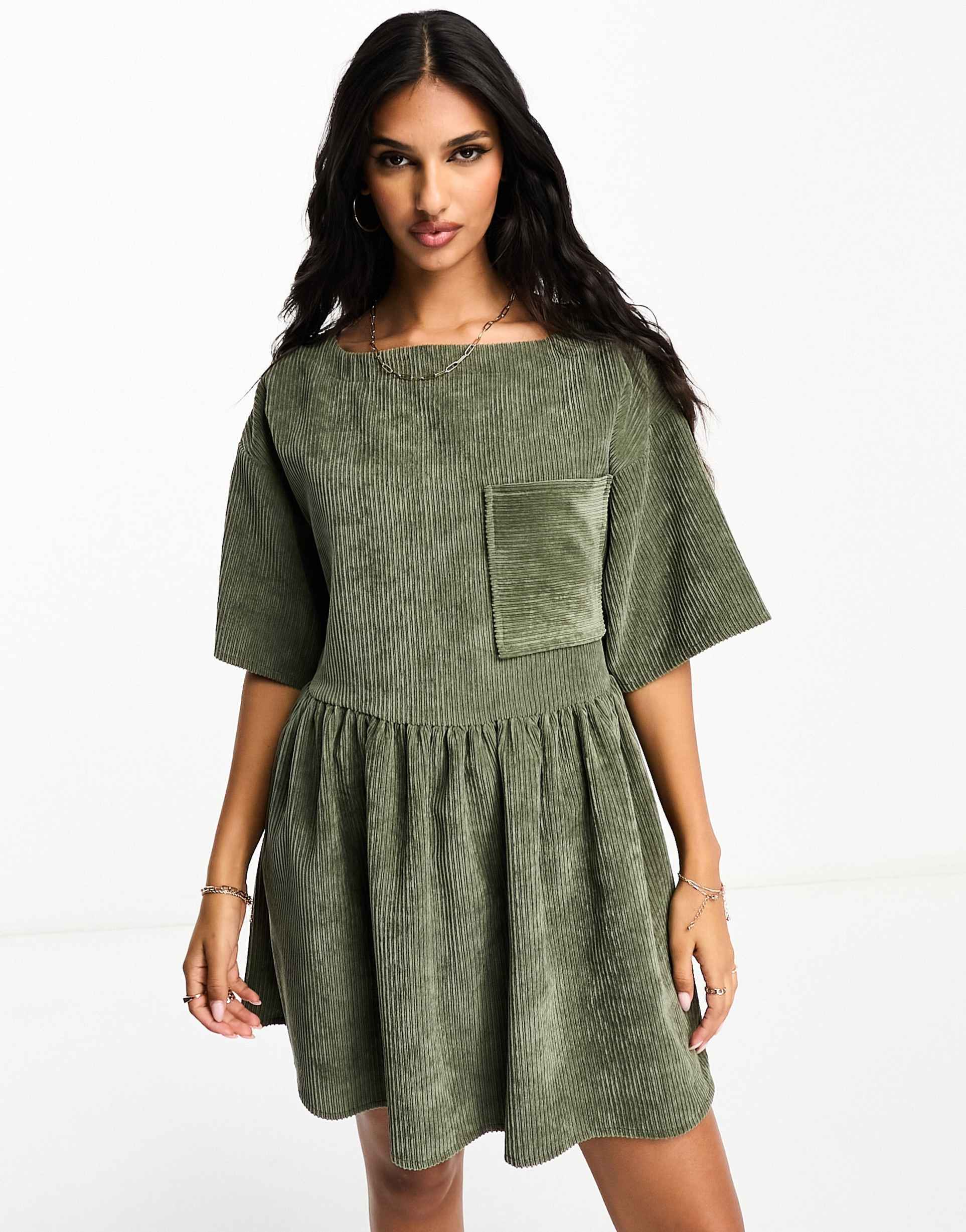 asos design cord t-shirt dress in khaki