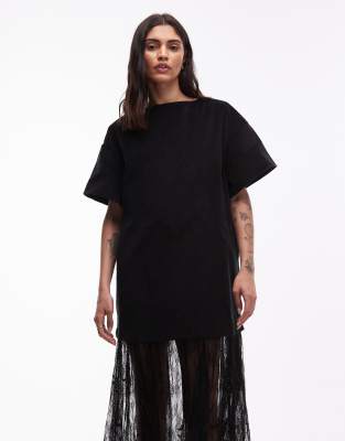 Asos Design Cord T-shirt Hybrid Maxi Dress With Lace Skirt In Black