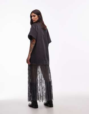 Asos Design Cord T-shirt Hybrid Mini Dress With Lace Skirt In Gray