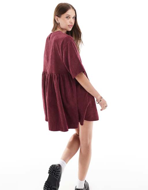 ASOS DESIGN cord T-shirt mini dress in burgundy