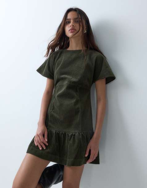 ASOS DESIGN cord t-shirt mini dress with ruched skirt in olive