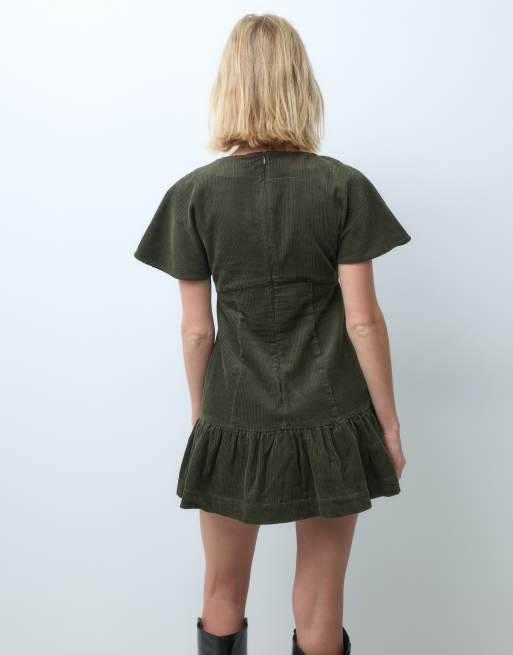 ASOS DESIGN cord t-shirt mini dress with ruched skirt in olive, 3 of 4
