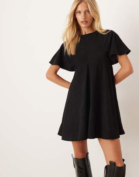 ASOS DESIGN cord t-shirt mini dress with stitching detail in black - view 1