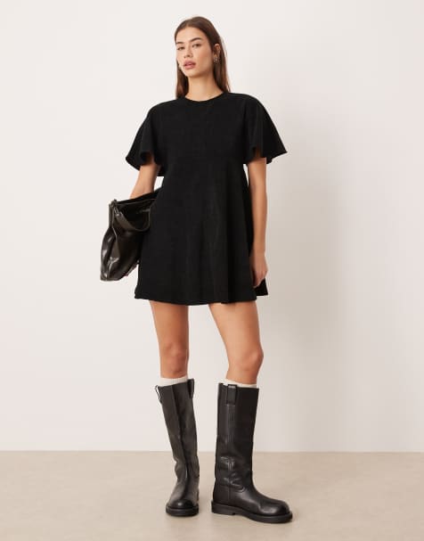 ASOS DESIGN cord t-shirt mini dress with stitching detail in black - view 1
