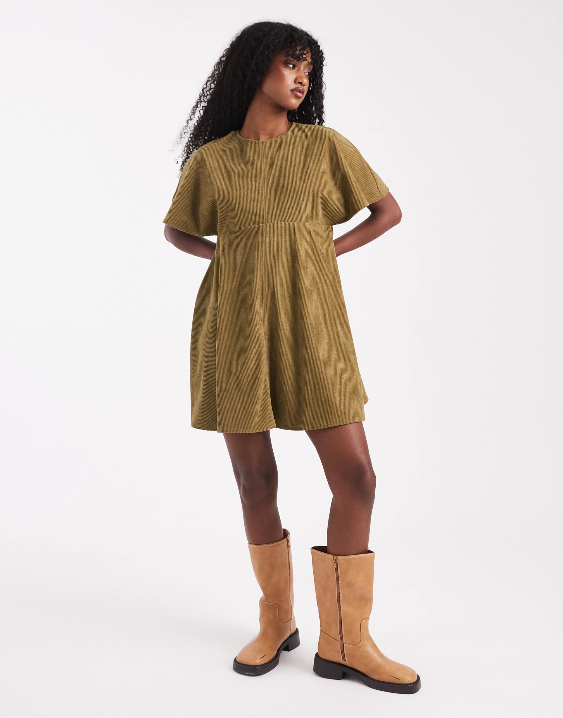 asos design cord t-shirt mini dress with stitching detail in olive
