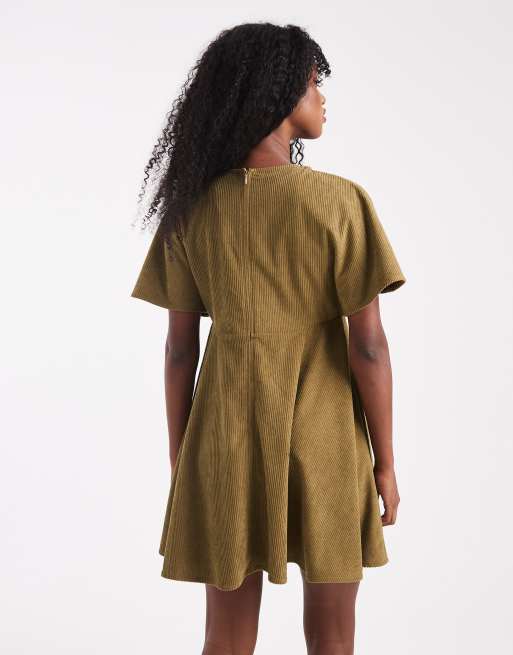 ASOS DESIGN cord t-shirt mini dress with stitching detail in olive, 3 of 4