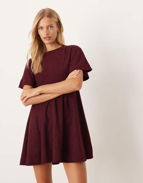 ASOS DESIGN cord t-shirt mini dress with stitching detail in plum - view 1