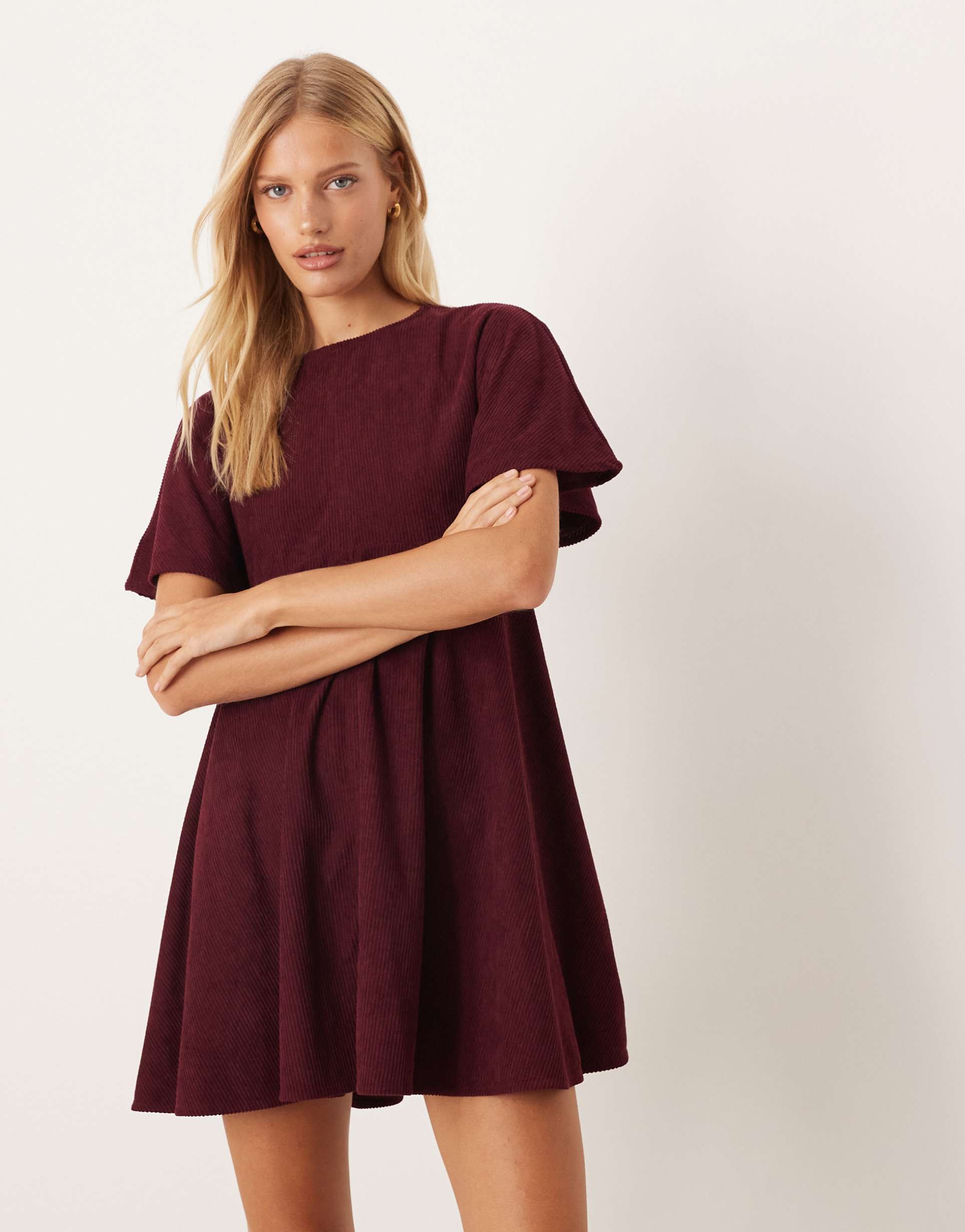 asos design cord t-shirt mini dress with stitching detail in plum