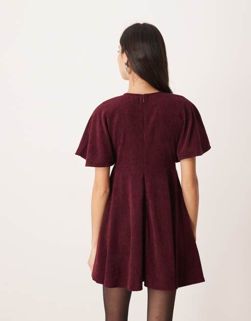 ASOS DESIGN cord t-shirt mini dress with stitching detail in plum, 4 of 4