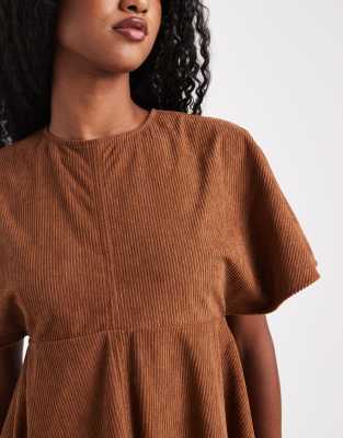 Asos Design Cord T-shirt Mini Dress With Stitching Detail In Brown