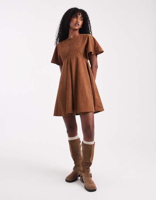 ASOS DESIGN cord T-shirt mini dress with stitching detail in tan