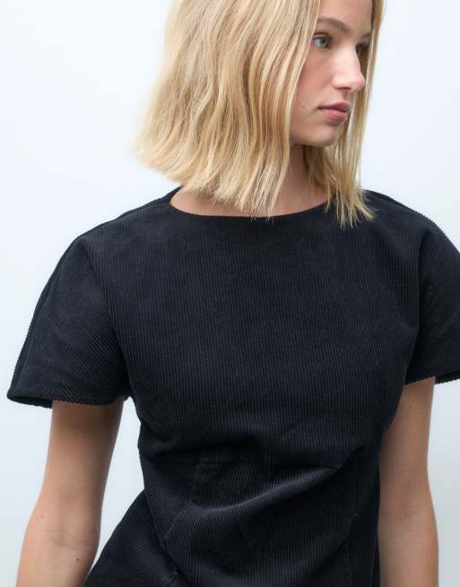 ASOS DESIGN Cord-T-Shirt-Minikleid mit gerafftem Rock in Schwarz, 2 von 4