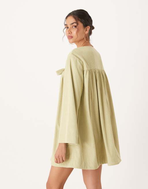 ASOS DESIGN cord tie front mini smock dress in sage green