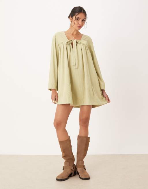 ASOS DESIGN cord tie front mini smock dress in sage green