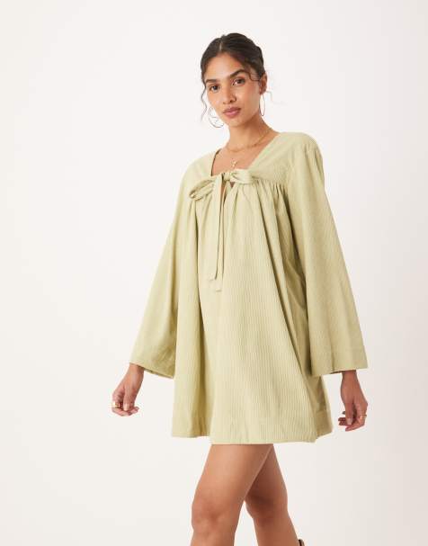 ASOS DESIGN cord tie front mini smock dress in winter wasabi green - view 1