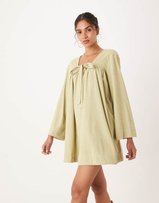 ASOS DESIGN cord tie front mini smock dress in winter wasabi green