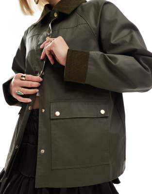 Asos Design Cord Top Collar Waxed Barn Jacket In Green