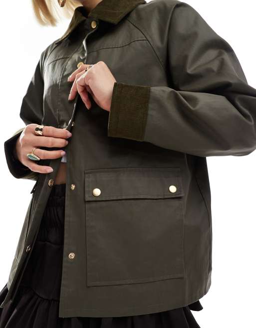 ASOS DESIGN cord top collar waxed barn jacket in olive