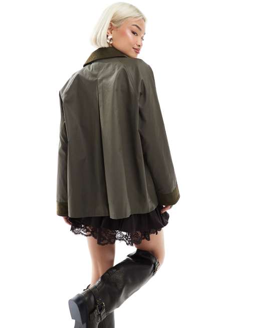 ASOS DESIGN cord top collar waxed barn jacket in olive