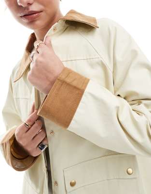 Asos Design Cord Top Collar Waxed Barn Jacket In Neutral