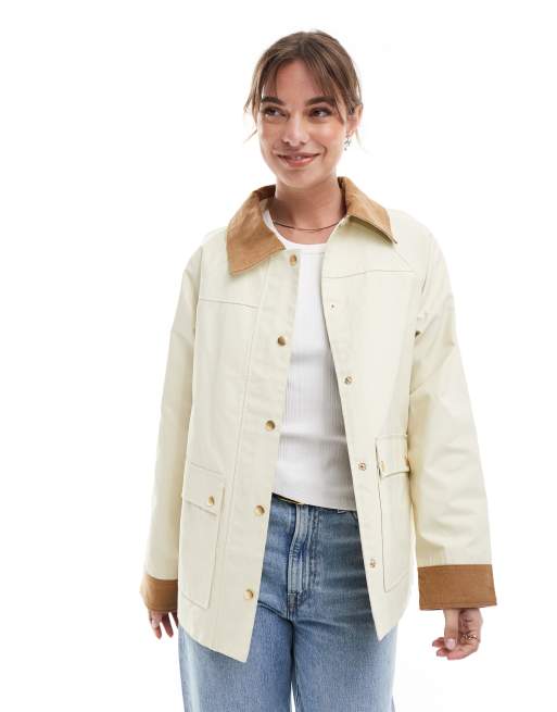 ASOS DESIGN cord top collar waxed barn jacket in stone