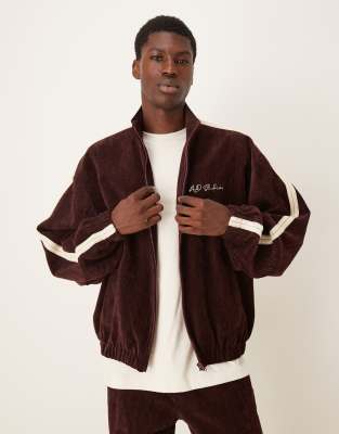 Asos Design Cord Track Jacket With Embroidery In Red