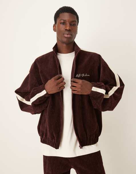 ASOS DESIGN cord track jacket with embroidery in burgundy - view 1