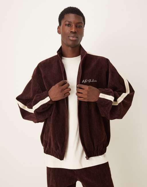 ASOS DESIGN cord track jacket with embroidery in burgundy, 2 of 5