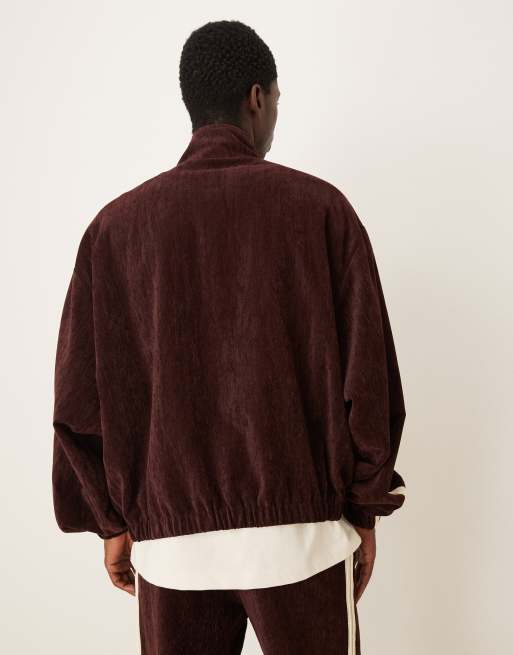 ASOS DESIGN cord track jacket with embroidery in burgundy, 3 of 5