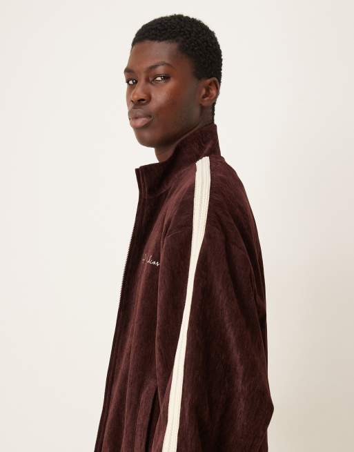 ASOS DESIGN cord track jacket with embroidery in burgundy, 4 of 5