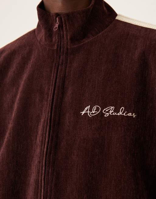 ASOS DESIGN cord track jacket with embroidery in burgundy, 5 of 5