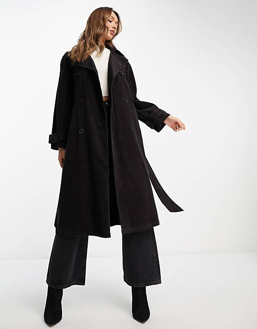 aborre cowboy Harden ASOS DESIGN cord trench coat in washed black | ASOS