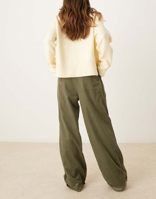 ASOS DESIGN corduroy cuffed hem wide leg pants in khaki green