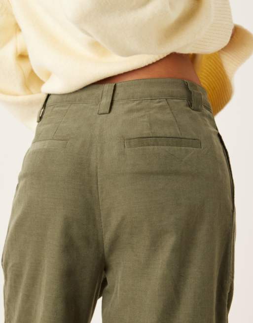 ASOS DESIGN corduroy cuffed hem wide leg pants in khaki green