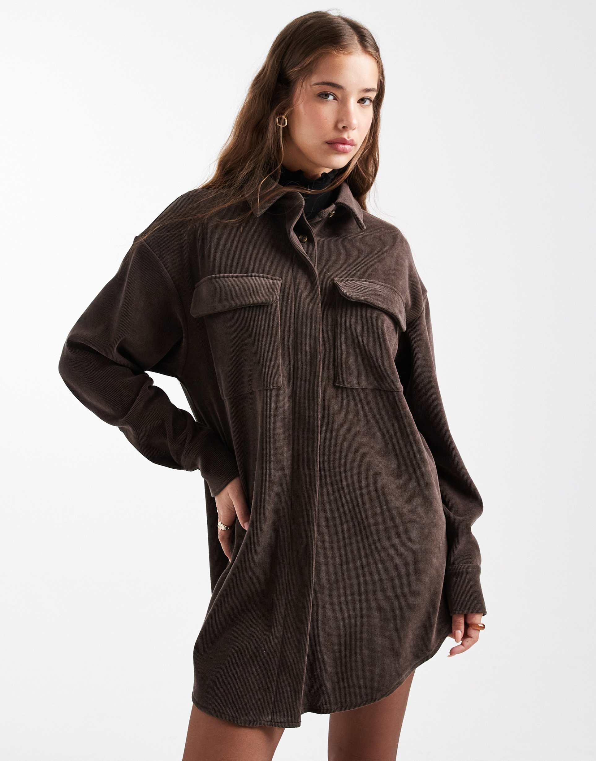 asos design cord utility shirt mini dress in chocolate