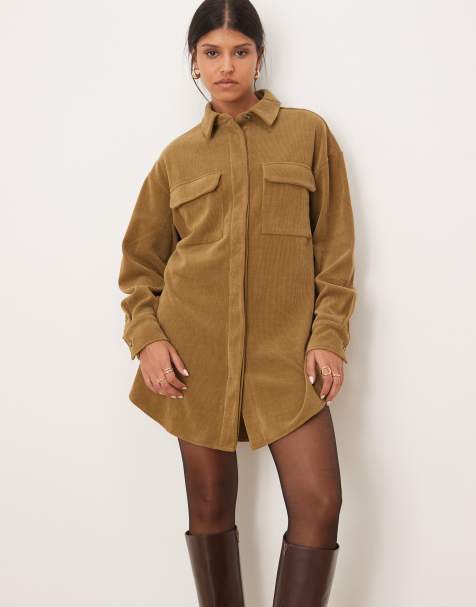 ASOS DESIGN cord utility shirt mini dress in khaki - view 1