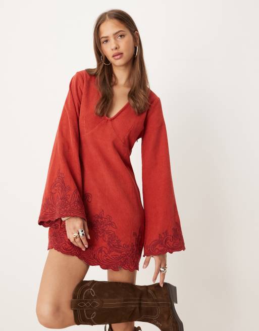 ASOS DESIGN cord v neck embroidered mini dress with cutwork in masala