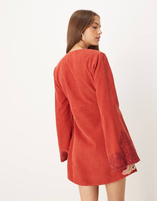 ASOS DESIGN cord V-neck embroidered mini dress with cutwork in rust