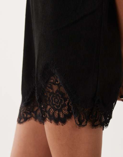 ASOS DESIGN cord v neck lace trim mini shift dress in black, 3 of 4