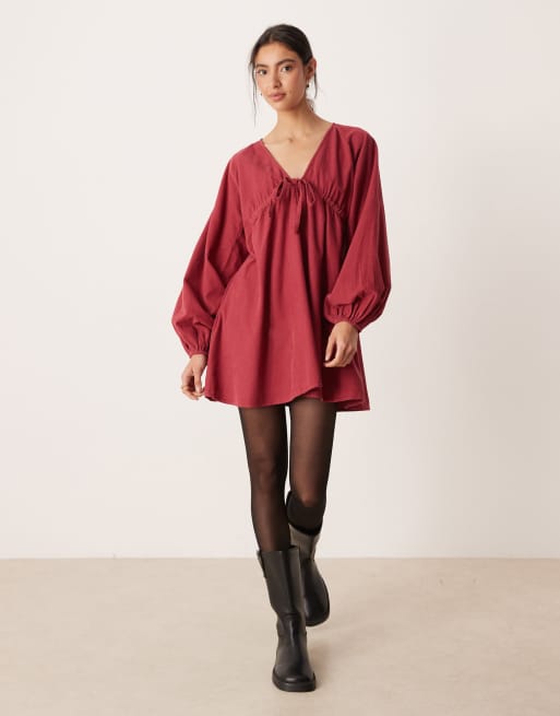 ASOS DESIGN cord v neck tie bust mini dress with volume sleeve in washed burgundy, 2 of 4