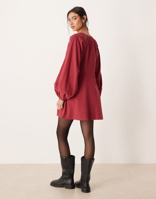 ASOS DESIGN cord v neck tie bust mini dress with volume sleeve in washed burgundy, 3 of 4