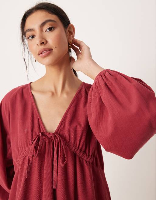 ASOS DESIGN cord v neck tie bust mini dress with volume sleeve in washed burgundy, 4 of 4