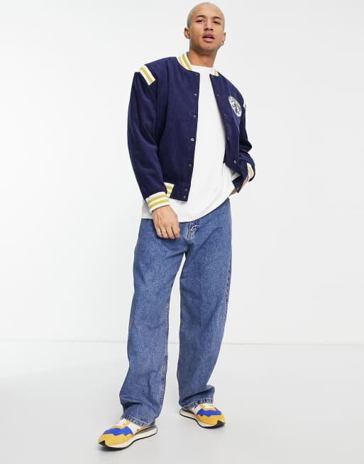 ASOS DESIGN denim varsity jacket in blue and white