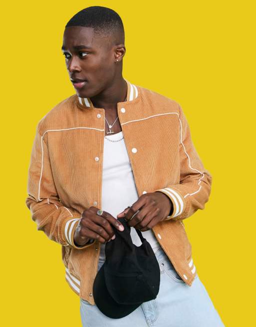 ASOS DESIGN cord varsity jacket in tan ASOS