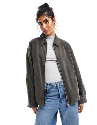 Asos Design Cord Washed Harrington Jacket In Charcoal-gray