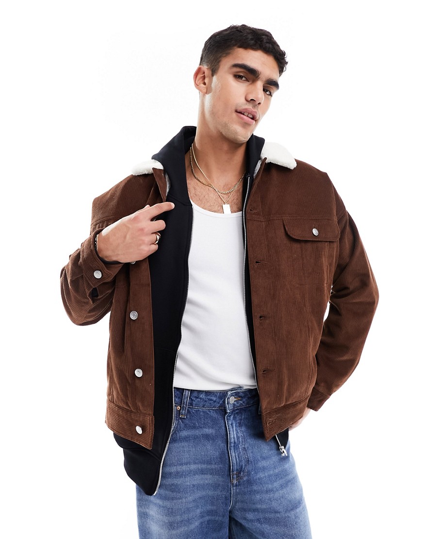 ASOS DESIGN cord western jacket in brown with ecru borg collar