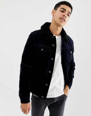 asos design borg lined denim jacket in black