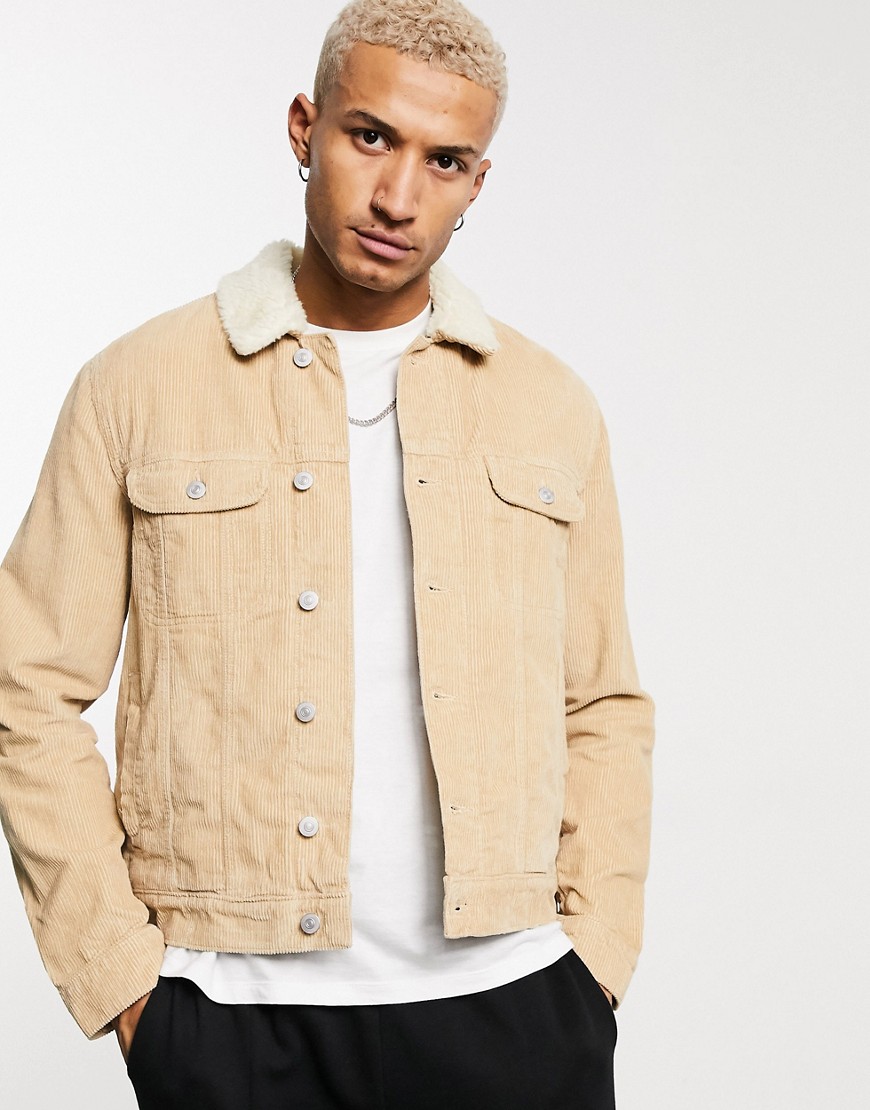 ASOS DESIGN cord western jacket with borg lining in tan-Brown