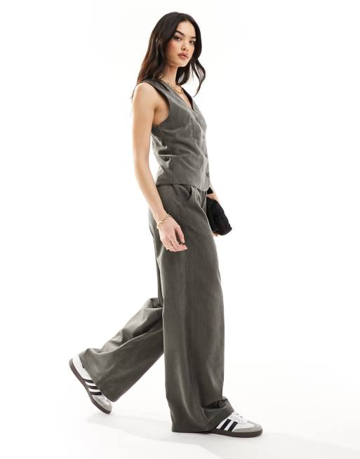 ASOS DESIGN cord wide leg dad pants in khaki (part of a set) 